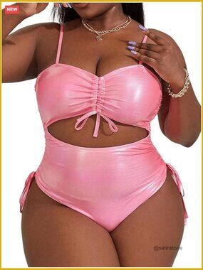 Plus Size Metallic One Piece Swimsuit Drawstring Cut Out Monokini